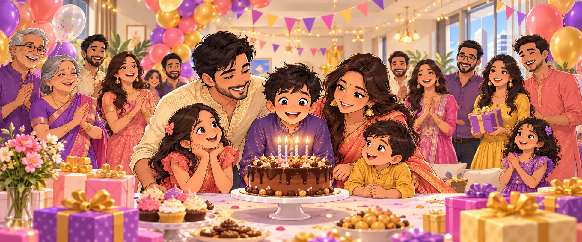 Anime-style illustration of a smiling family celebrating the older son birthday, with happy guests in the background